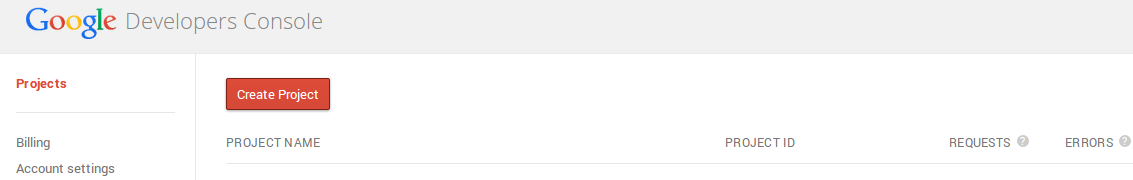 Create Project button on Google Developers Console